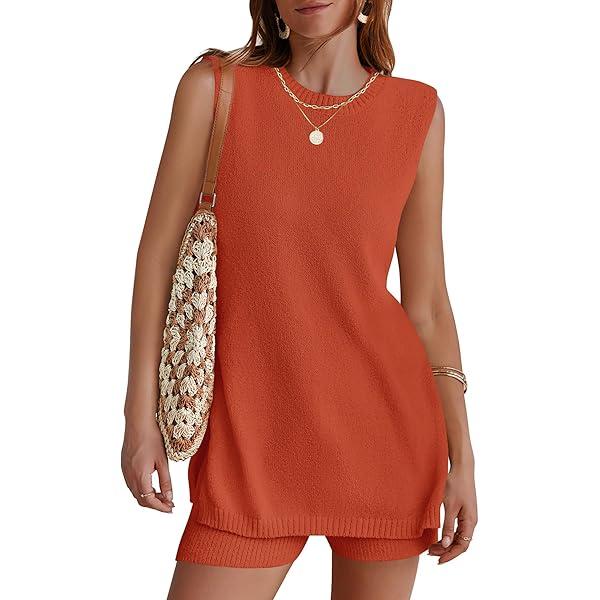 ZESICA Women's Two Piece Sweater Lounge Sets 2024 Fall Casual Knit Trendy Tunic and Shorts Outfits L
