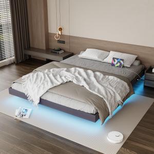 Floating Bed Frame King Size with LED Lights and Charging Station, Grey Linen Metal Platform Bed Frame, Easy Assembly, No Box Spring Needed (King)