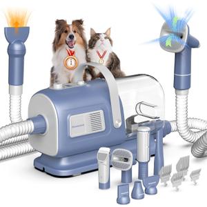 Dog Grooming Vacuum and Dryer Kit, Blower for Pet Vacuum Grooming 7 in 1 with Clippers for Dogs Hair Shedding Brush Remover Tools at Home Blue Grey