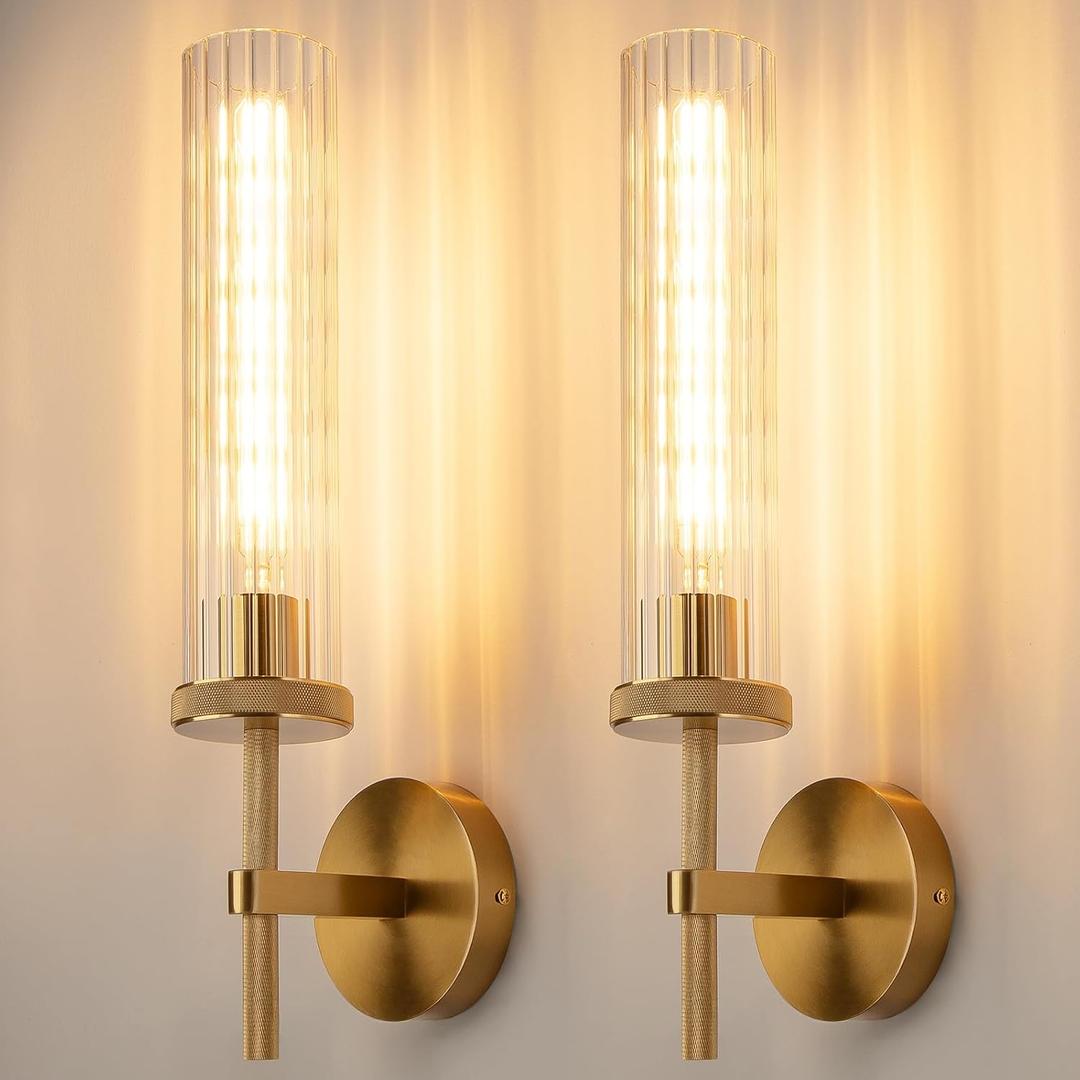19.5" Knurled Gold Hardwired Wall Sconces Set of 2, Bathroom Vanity Light Fixtures with Vertical Striped Glass Tube, Modern Lamp Lighting for Bedroom, Living Room, Hallway, Staircase, Mirror, Kitchen