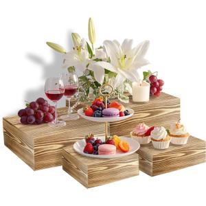 4 Pcs Buffet Risers, Wood Food Riser Dessert Display Stand for Party Wood Cupcake Stands Nesting Box for Display (Lightly Burnt)