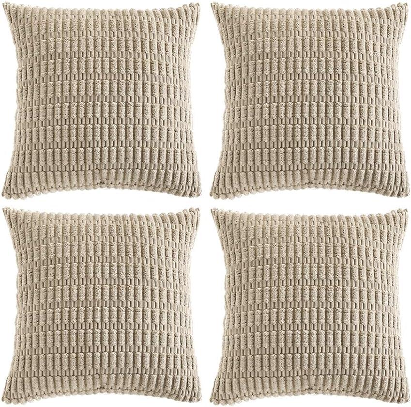 Fancy Homi 4 Packs Taupe Decorative Throw Pillow Covers 16x16 Inch for Living Room Couch Bed, Rustic Modern Farmhouse Boho Home Decor, Soft Plush Corduroy Cute Square Accent Cushion Case 40x40 cm (16" x 16" (Pack of 4))