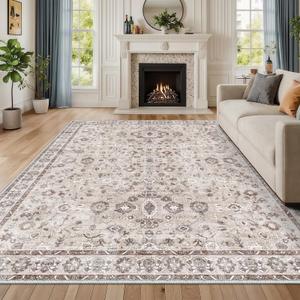Washable 9x9 Square Rugs for Living Room, Vintage 9' Square Area Rug for Dining Room Bedroom, Ultra Soft Non Slip Stain Resistant Floral Large Floor Carpet Décor 9x9 Beige