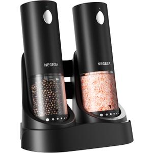 Electric Salt and Pepper Grinder Set with Rechargeable Base - Automatic Refillable Electric Salt and Pepper Shakers with Large Capacity, LED Light & Adjustable Coarseness, Black