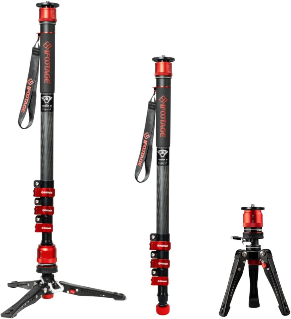 IFOOTAGE Monopod Cobra 3 C180F-P, 71" Monopod for Camera Carbon Fiber Travel Monopod with Feet, 1/4'' & 3/8'' Quick Release Compatible with Sony Canon Nikon DSLR Camera, Payload 17.6Lb