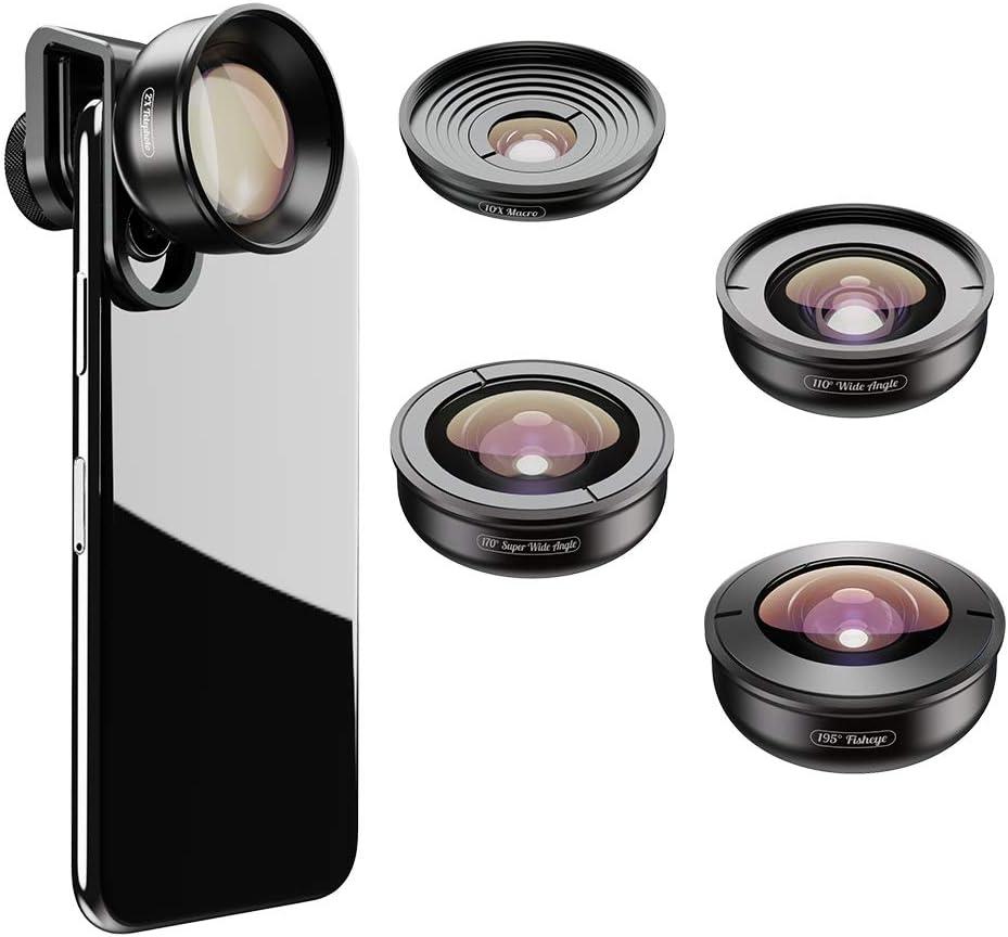 APEXEL Phone Camera Lens 5 in 1 Phone Lens Kit - 10X Macro Lens, 2X Telephoto Lens,110Wide Angle, 170Super Wide Angle, 195 Fisheye, HD Photography for iPhone, Android & More