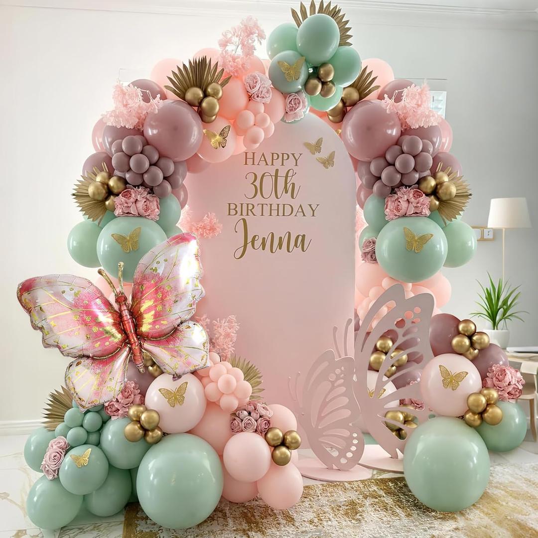Spring Butterfly Balloon Arch Kit,137Pcs Pastel Pink Green Gold Balloon Garland with 3D Stickers,Big Butterfly Foil Balloon for Girls Fairy Birthday Bridal Baby Shower Tea Party Decoration
