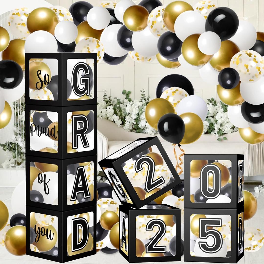 Graduation Decorations 2025 Graduation Party Decorations Set of 4 Boxes with 144pcs Balloons Arch Garland Kit Party Supplies for Any Grades Black and  White Letters