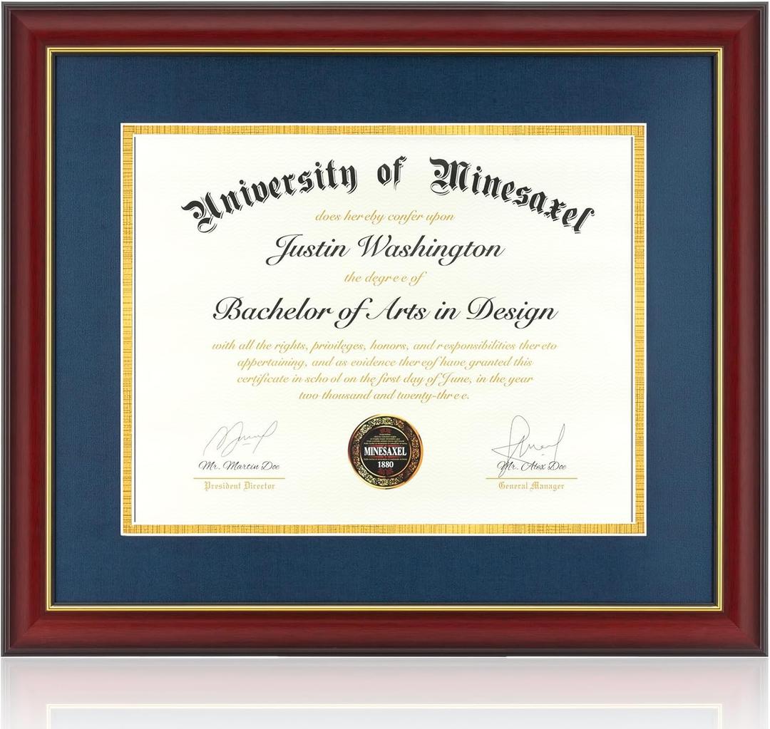 Diploma Frame 14x17 with Blue Mat Fits Document, Certificate or 16x20 Picture without Mat, 17x14 Cherry Red Frame for Wall Mounting