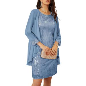 GRACE KARIN Women's Sequin Dress Wedding Guest Dresses Mother of the Bride Dresses Formal Dress Two Piece Dress Knee Length (Blue, M)