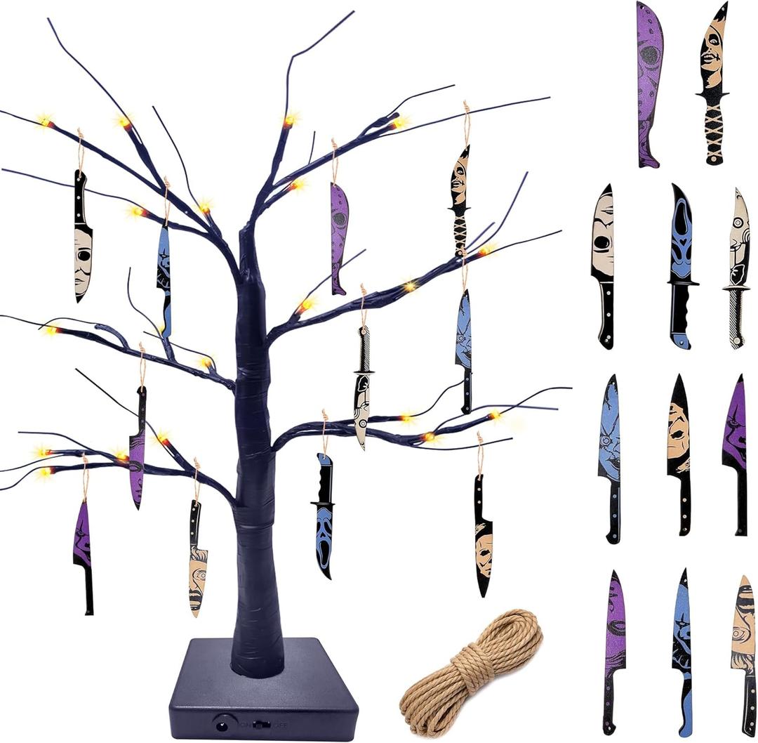 Black Tabletop Halloween Tree with Horror Movie Hanging Ornament 11 Pcs Mini Wooden Knife Decorations,Nightmare Before Christmas Decorations for Spooky Indoor Decor or Shelf Decor