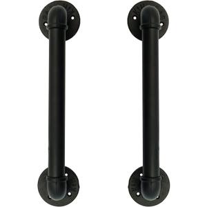 FOYO Set of 2 Industrial Pipe Gate Pull Handle, Grab Bar, Towel Bar, Antique Rustic Cast Iron Handrail - Matte Black, 19-3/4 Inch