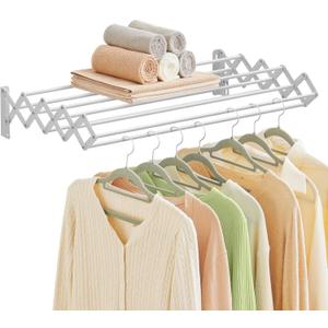 SONGMICS Clothes Drying Rack, Wall-Mounted Drying Rack Clothing, Accordion Laundry Rack, 9 Staggered Hanging Rods, Expandable and Retractable, Steel, Cloud White ULLR806W01