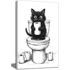 Cat Bathroom Canvas Wall Art Decor, Funny Animal Black and White Canvas Wall Art, Cute Cat On Toilet Holding a Toilet Paper Roll Artwork Prints for Bathroom Toilet Restroom Washroom Wall Decor 12x16''