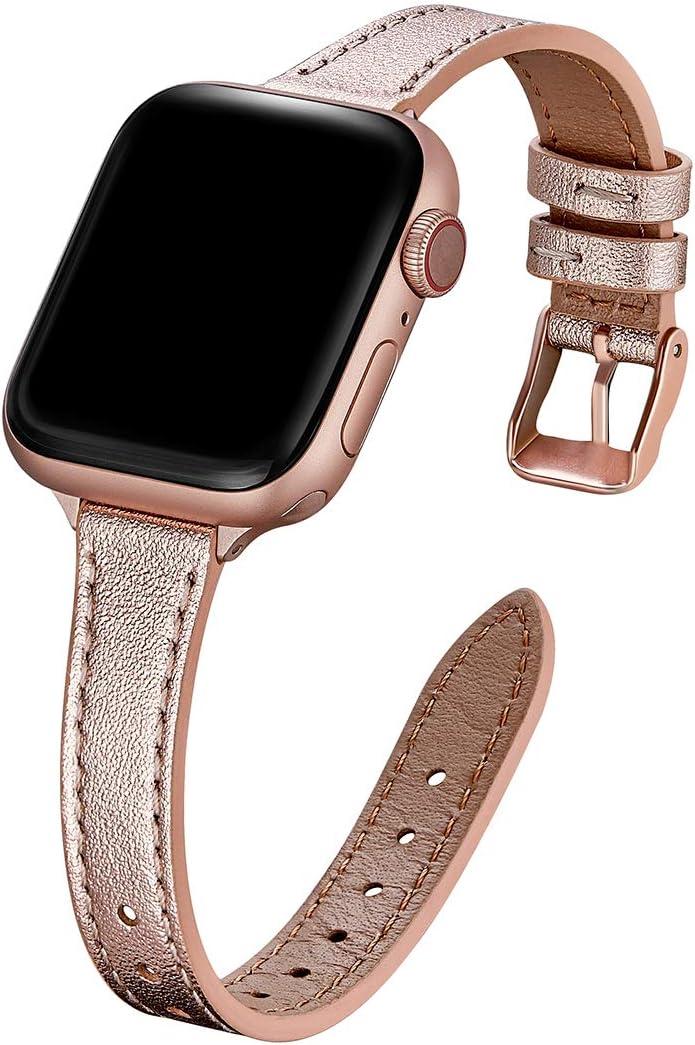 STIROLL Slim Leather Bands Compatible with Apple Watch Band 38mm 40mm 41mm 42mm(Series 11 10), Top Grain Leather Watch Thin Wristband for iWatch SE 9 8 7 6 5 4 3 2 1 (Rose Gold)