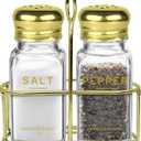 Gold Salt and Pepper Shakers Set with Holder by Brighter Barns - Luxury Kitchen Decor & Accessories - Modern Glass Shakers with Stand & Stainless Steel Lids for Neutral Home, Restaurants (Clear/Gold)