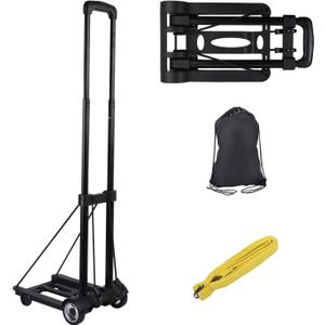 KINJOEK 25kg 55lbs Folding Hand Truck, Solid Construction Utility Cart for Luggage with 2 Oversized Wheels Bonus Bungee Cord, Collapsible, Lightweight and Compact Luggage Dolly Cart for Travel, Black (2 Wheels)