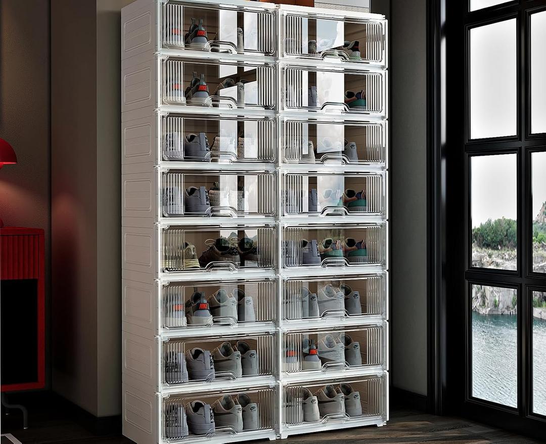 MAGINELS Shoe Storage Cabinet with Doors, Large Foldable Shoe Rack for Entryway and Closet, Clear Stackable Shoe Box Organizer, Portable Enclosed Shoe Shelf for Sneakers and Boots, 8Tier