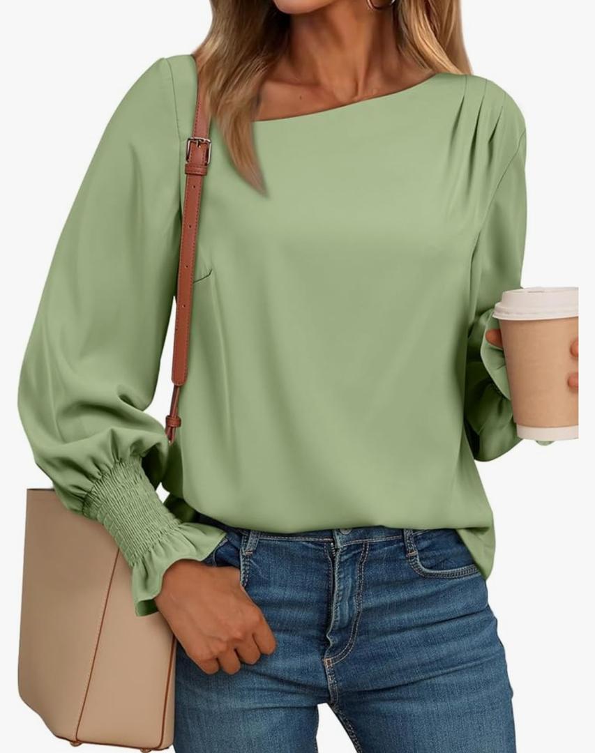 EVALESS Blouses for Women Dressy Casual Pleated Long Sleeve Tops Asymmetrical V Neck Business Work Shirts Size Large