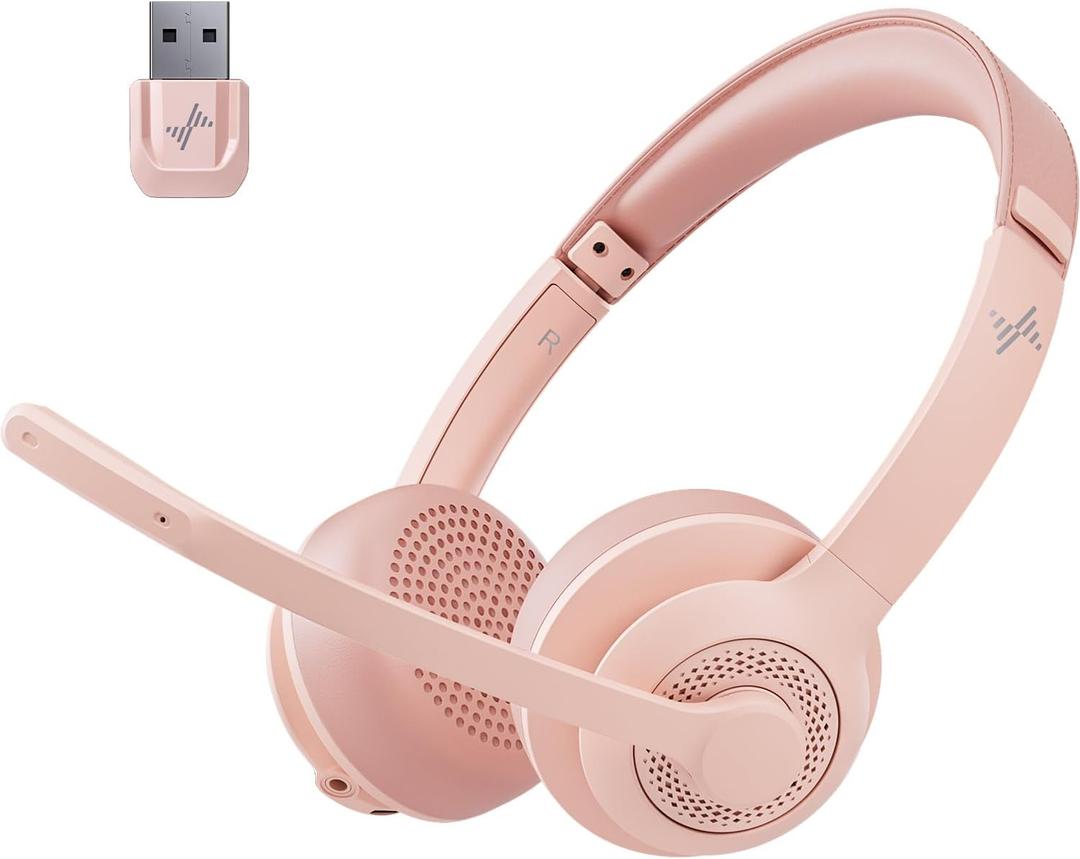 JIAMQISHI Wireless Headset with AI Noise Cancelling Microphone Bluetooth Headset - Bluetooth V5.2 Headphones with USB Dongle & Mic Mute for Computer/Laptop/PC/iPhone/Android/Cell Phones (Pink)