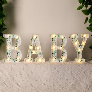 Realspring Baby Shower Sign Babe Marquee LED Letters Battery Operated Light up Centerpieces Glowing Home Table Party Decor for Boy Girl Gender Reveal Birthday, 8.26''(Eucalyptus Leaf Baby,Green)