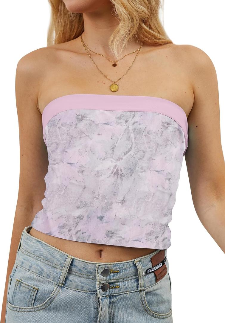 TERIVEEK Women Strapless Reversible Foldover Tube Top Y2K Floral Print Graphic Crop Bandeau Tops Sleeveless Slim Fit Shirt (Pink, L)