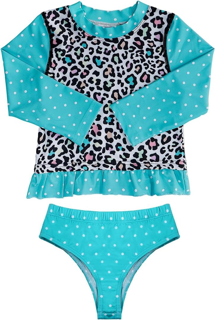 Baby Toddler Girls Long Sleeve Swimsuit UPF 50+ Sun Protection Bathing Suit Blue Leopard