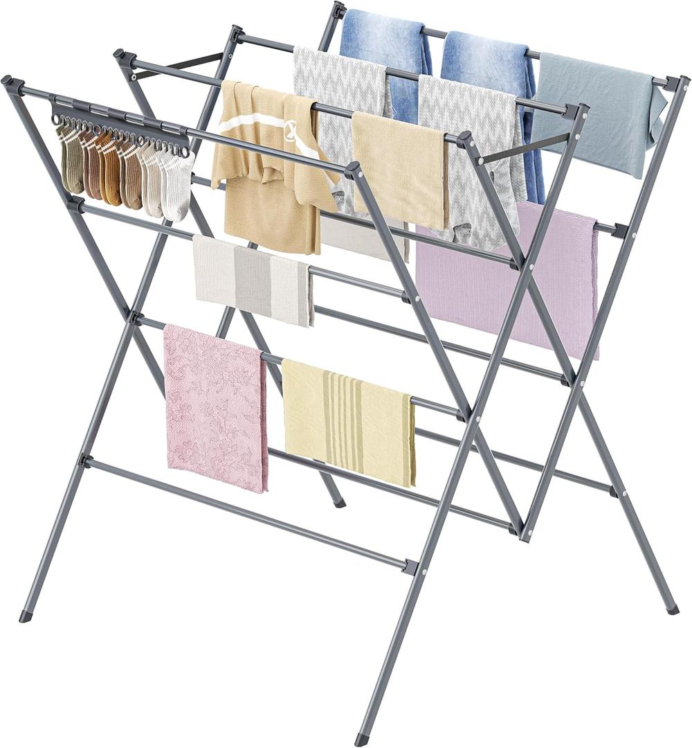 HOMIDEC Drying Rack Clothing,Large 12 Drying Poles with Sock Clips Clothes Drying Rack,Foldable Portable Laundry Drying Rack for Air Drying Clothing,Towels,Delicate Eac,Indoor Outdoor Use.Silver