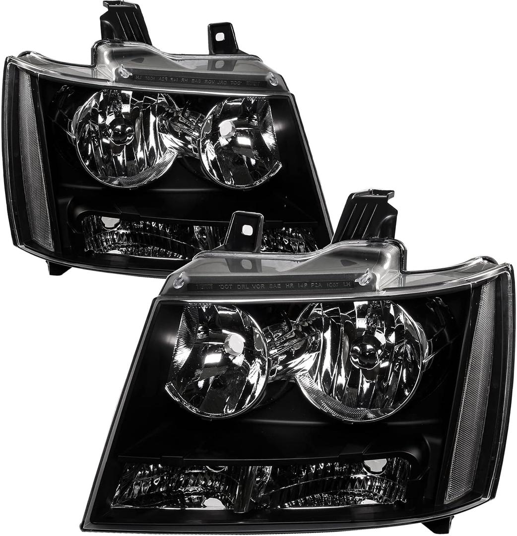 Black Housing Headlight Assembly Compatible with 2007-2014 Chevy Avalanche Suburban Tahoe, Clear Driver and Passenger Side Lamps