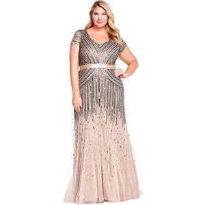 Adrianna Papell Women's Plus Size Floor Length Beaded Cap Sleeve V-Neck Dress (16, Nude)