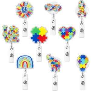 9Pcs Autism Awareness Month Badge Reel, Glitter Puzzle Acrylic Retractable Nursing Badge Clip, Rainbow Be Kind ID Card Name Tag Holder Office Alligator Clip Accessories for Doctor Nurse Student