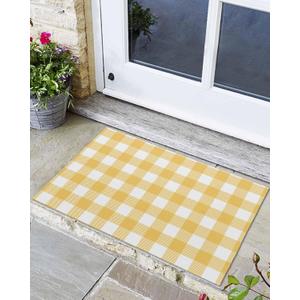 Front Door Mat Indoor Outdoor Entrance, Country Style Yellow and White Buffalo Check Plaid Checkered Non-Slip Doormat Low Profile Easy Clean Patio Porch Entryway Mat 24"x36"