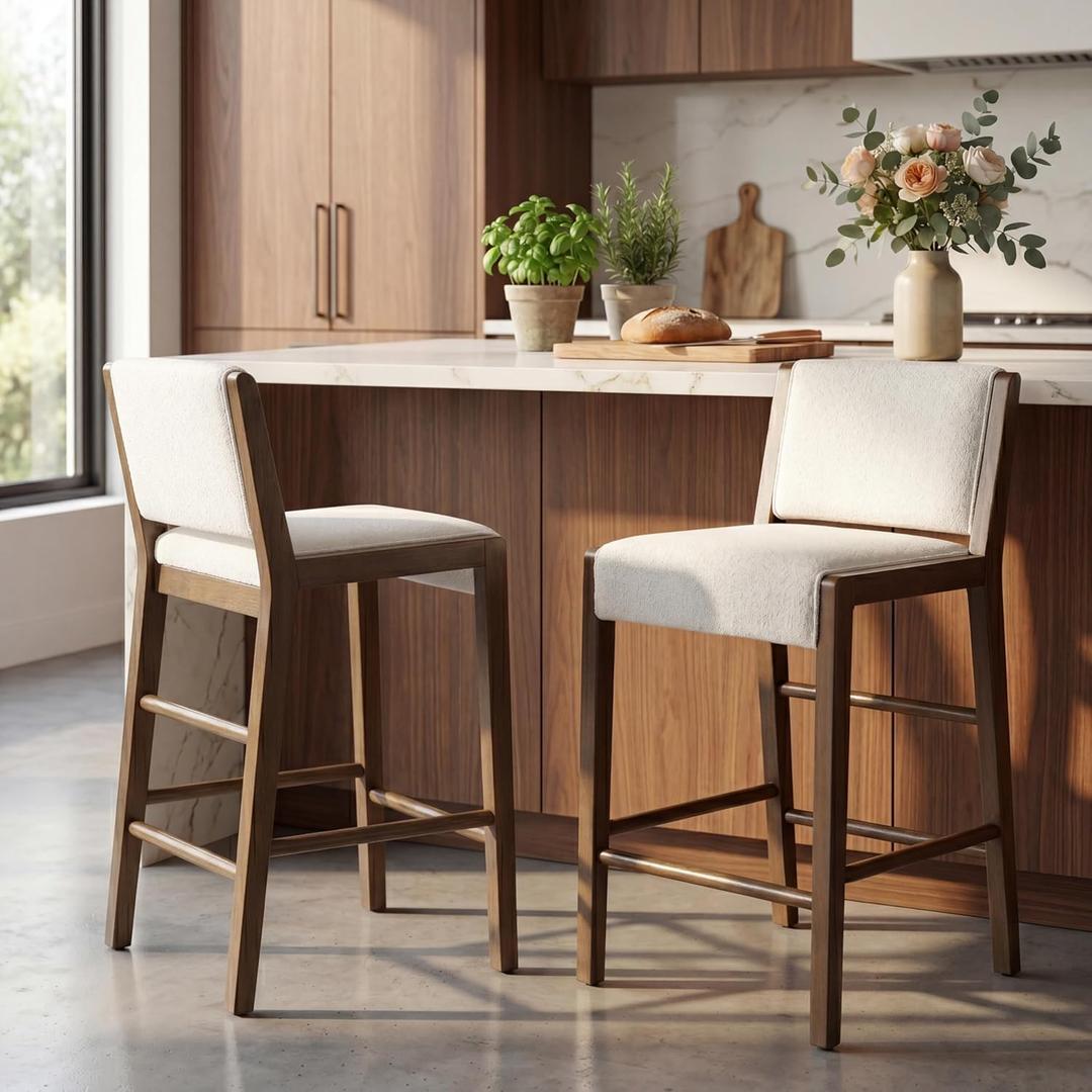 Christopher Knight Home Mono 26.5" Counter Height Bar Stools Set of 2, Fabric Upholstered Bar Stools with Footrest, Rubberwood Counter Stools, Modern Armless Kitchen Chairs, Walnut+White, Medium