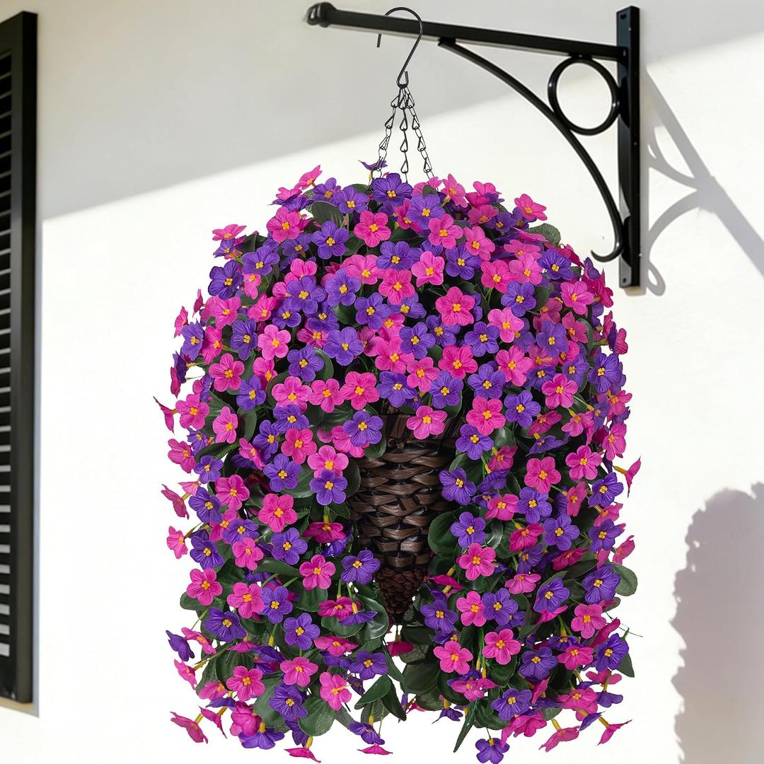 Artificial Flowers Baskets for Outdoor Decoration, Fake Hanging Plants Silk Dark Purple Fuchsia Daisy Mums Trailing Vines in Planter Realistic UV Resistant for Balcony Porch Decor