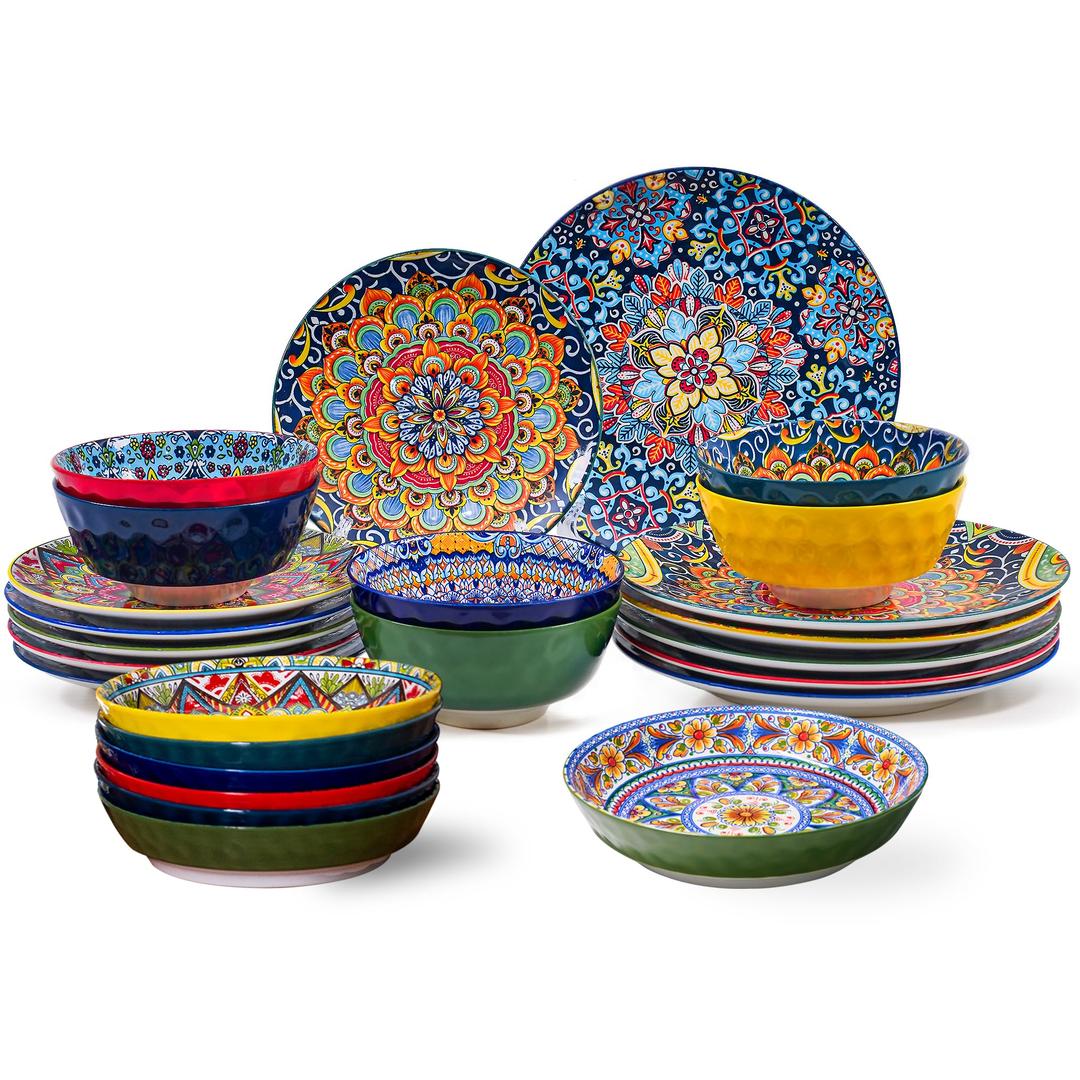 24 Pieces Dinnerware Sets, Ceramic Plates and Bowls Set, Microwave and Dishwasher Safe, Scratch Resistant, Bohemian Style Dishware Set, Service for 4