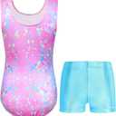 Nymphperi Girls Gymnastics Leotards 2 Piece Shiny Sleeveless Bodysuits with Sparkly Breathable Shorts Suit