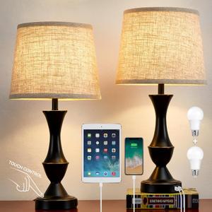 Upgraded Touch Table Lamps Set of 2, 22" Tall Bedside Lamps with USB C+A Ports, 3 Way Dimmable Nightstand Lamps for Bedroom, Living Room, Office, Black Lamp with Beige Lampshade, Bulb Included