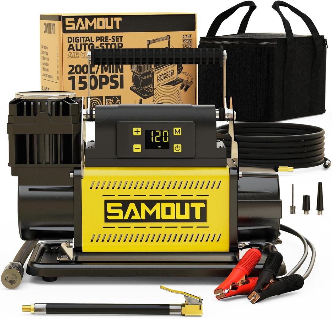 SAMOUT 12V Digital Air Compressor, Offroad Portable Inflator 7.06 CFM, Air Pump Max 150PSI for Heavy-Duty Tires, with LCD Control Panel to Preset Target Pressure, 4x4 Vehicle, SUV, RV