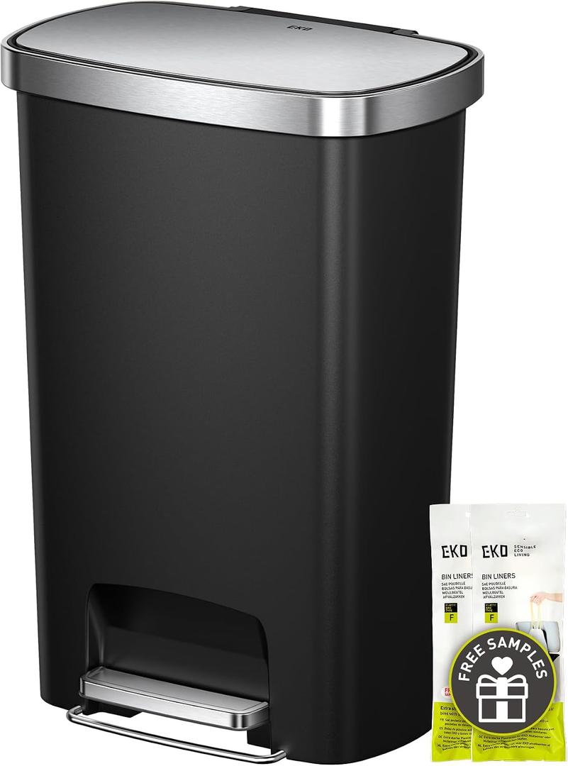 EKO Hana Select 13.2 Gallon / 50L Step Trash Can, Large Plastic Kitchen Trash Can with Stainless Steel Lid, Soft-Close & Stay-Open, Deodorizer Compartment, Wide Steel Pedal Garbage Can for Home, Black