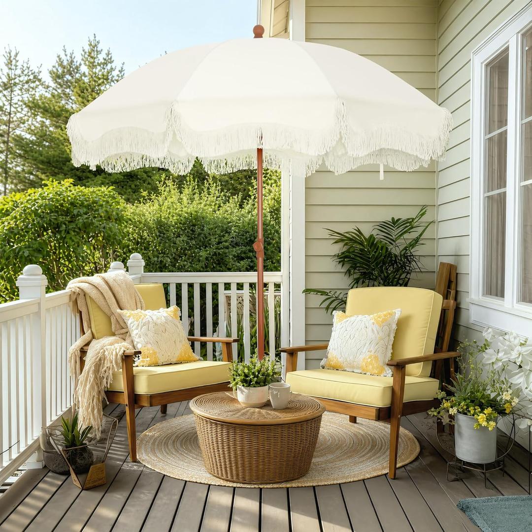 PHI VILLA 7ft Beach Umbrella with Fringe & Sand Anchor, Outdoor Patio Heavy Duty Windproof Portable Tassel Umbrellas for Sand with Push Button Tilt & Carrying Bag, UPF 50+, White(No Base)