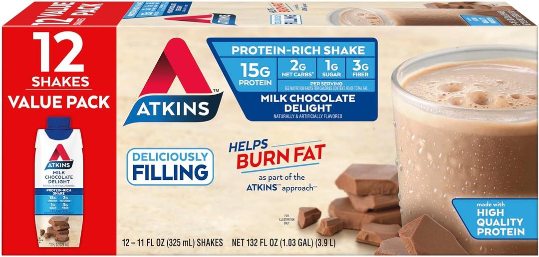 Atkins Milk Chocolate Delight High Protein Shake, 15g Protein, Low Glycemic , 2g Net Carb, 1g Sugar, Keto Friendly , Chocolate Flavored Protein Shakes, 12 Count (BB: 03/01/2026)
