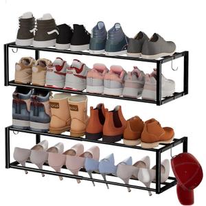 2 Pack Expandable Wall Mounted Shoe Rack, 17"-31" Adjustable Hanging Shoe Rack Holds 16 Pairs, Heavy Duty Metal Shoe Holder with 4 Storage Hooks, Space Saving for Entryway Closet DoorwayBlack
