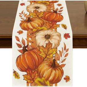 Fall Orange Pumpkin Table Runner 13x72 Inch Seasonal Autumn Thanksgiving Maple Leaf Stripes Kitchen Dining Table Decor for Indoor Outdoor Farmhouse Home Party Decoration ZQ127