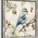 Bird Floral Wall Art Framed: Elegant Flower Blossom Picture Blue Bird on the Tree Branch Wood Painting Animal Prints Artwork for Bathroom