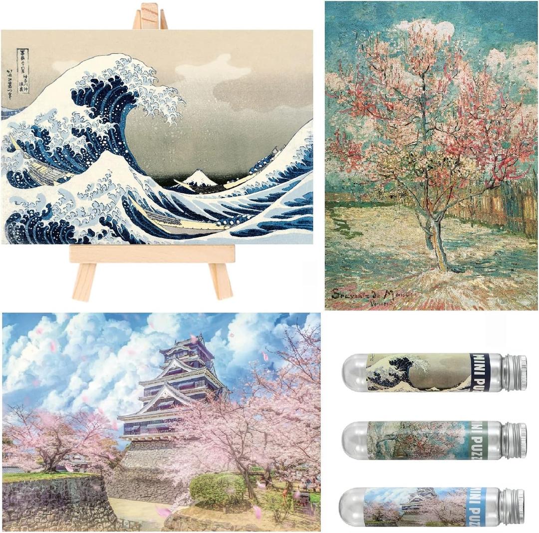 Small Jigsaw Puzzles for Adults 150 Pieces Mini Jigsaw Puzzles Challenging Castle Ukiyoe Sea Wave Tiny 6 x 4 Inches, 3 Pcs,Mini Easel Included