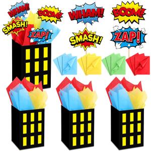 8 Sets Hero Theme Party Decoration Hero Boxes Centerpiece (7.9 x 5.1 x 5.1 Inch) Sticks with Tissue Paper Standing Cards Birthday Baby Shower Party Supplies (Multicolor)