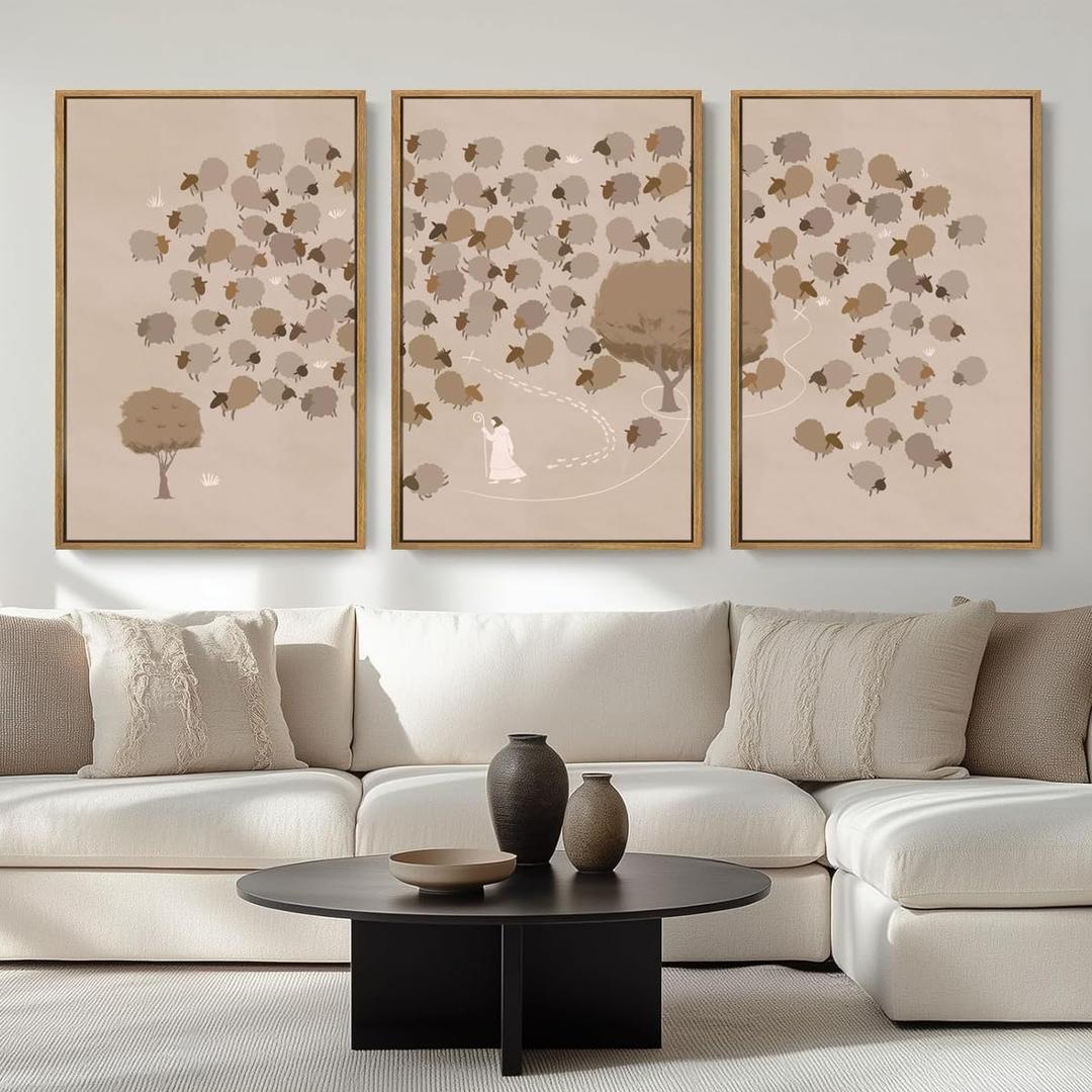 IARTTOP Jesus Christian Framed Wall Art 16x24 Inch Large Jesus Leaves the 99 Sheep Canvas Art Prints Set of 3 God Bible Religious Wall Decor for Church Living Room Bedroom (24L" x 16W", beige)