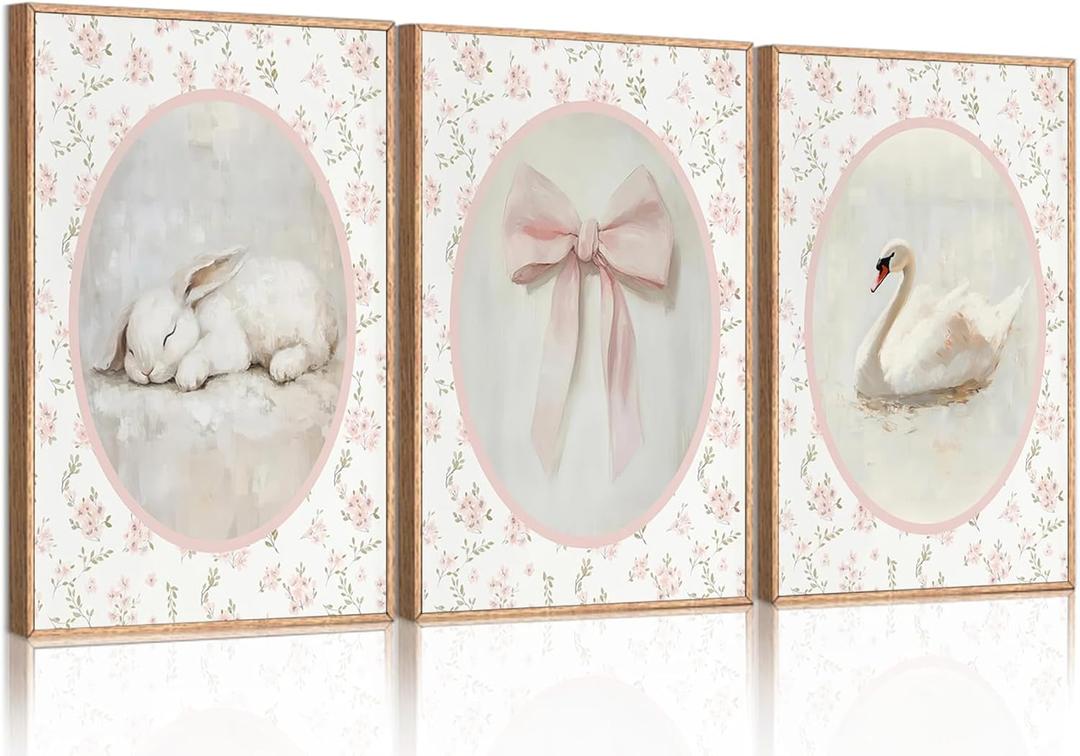 3Pcs Pink Vintage Nursery Wall Art Cute Animal Rabbit Swan Bow Flower Canvas Posters Prints Baby Girl Room Picture Wall Decor for Girls Room Bedroom Decorations Unframed (24L"x16W")