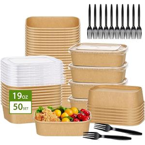 50-Pack 19oz Disposable Kraft Paper Bowls with Lids and Forks, Disposable Meal Prep Containers Bowls Disposable Food Prep Container with Lids, Freezer and Microwave Safe for Hot Soup Cold Food Takeout
