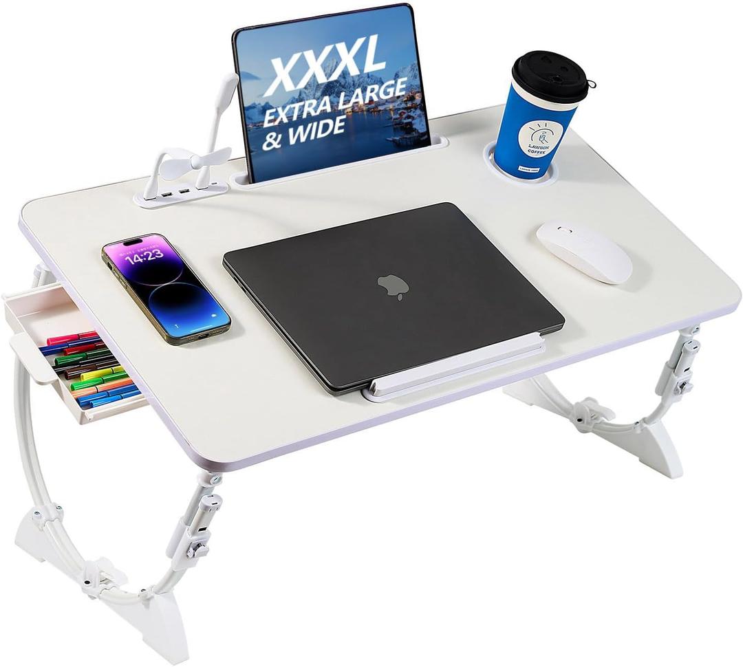 Large Size Floor Desk, Adjustable Floor Table with USB Ports torage Drawer Cup Holder, Foldable Low Coffee Table, Portable Lap Desk Tray for Eating Reading Working Drawing Gaming, White